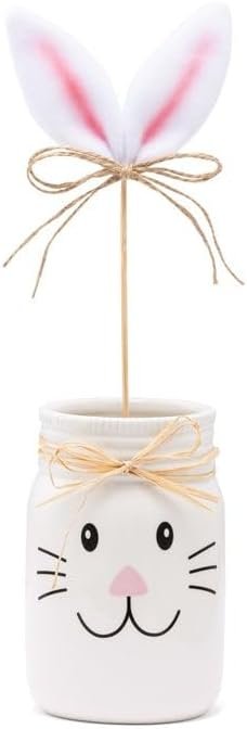 Napco Imports Decorative Spring Tabletop Flower Vase 2.5 x 5 Inch Glass Easter Bunny Jar with Fuzzy Ear Pick