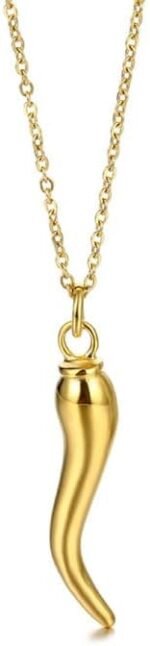 ALFISO Italian Horn Necklace for Men & Women, 18K Gold Plated Stainless Steel Cornicello Pendant Necklace, Lucky Italian Horn Charm Talisman, Gold Jewelry Valentines Day Gifts for Her