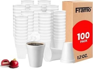 Framo 12 Oz Foam Coffee Cups, Disposable Insulated Hot Drinkware for Home Office or Church, Sturdy White Foam Cups Serving Hot and Cold Beverages, Drink Service Daily, Ideal in Breakrooms (100 Pack)