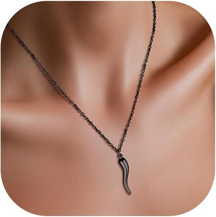 U7 Italian Horn Necklace for Men Women,Stainless Steel/Black/Gold Horn Necklace,Lucky Amulet Cornicello Pendant - Image 8