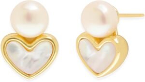 Jean Beau 14K Gold Plated Puff Pearl Heart Stud Earrings for Women, Cute Heart Shaped Jewelry with Pearl Accents, Valentine Gift for Her