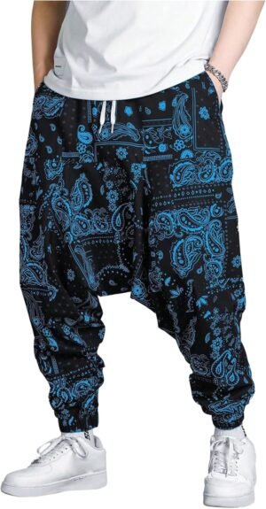 BEAUDRM Men's Color Block Patchwork Baggy Harem Pants Drawstring Elastic Waist Hippie Pants with Pockets Streetwear