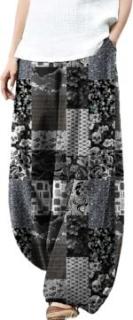 Wide Leg Patchwork Pants for Women Dressy Casual Palazzo Pants Plus Size Elastic Waist Lantern Harem Pants
