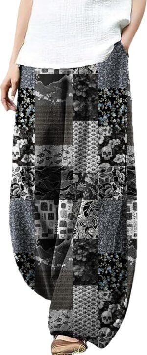 Wide Leg Patchwork Pants for Women Dressy Casual Palazzo Pants Plus Size Elastic Waist Lantern Harem Pants