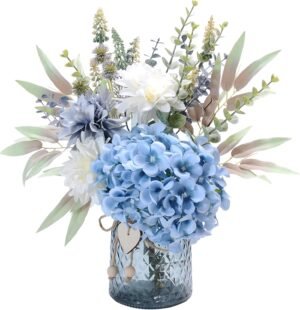 LUEUR Fake Flowers with Vase, Hydrangea Artificial Flowers in Vase Faux Flowers Arrangement Suitable for Home Kitchen Living Room Fall Spring Decor Office Decoration, Centerpiece Table Decorations
