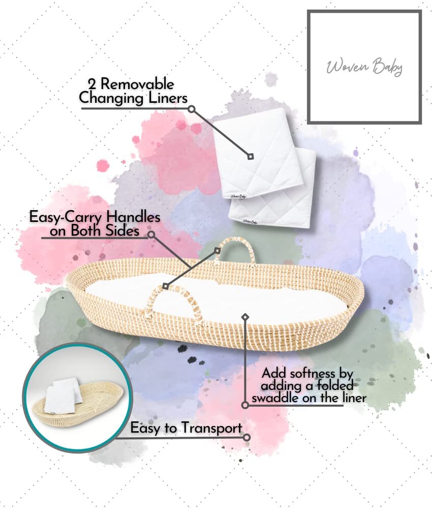 Baby Changing Basket - Handmade Moses Basket Changing Basket for Baby Table Topper - 2 Organic Cotton Washable Diaper Changing Pads CPSC Compliant - Image 4