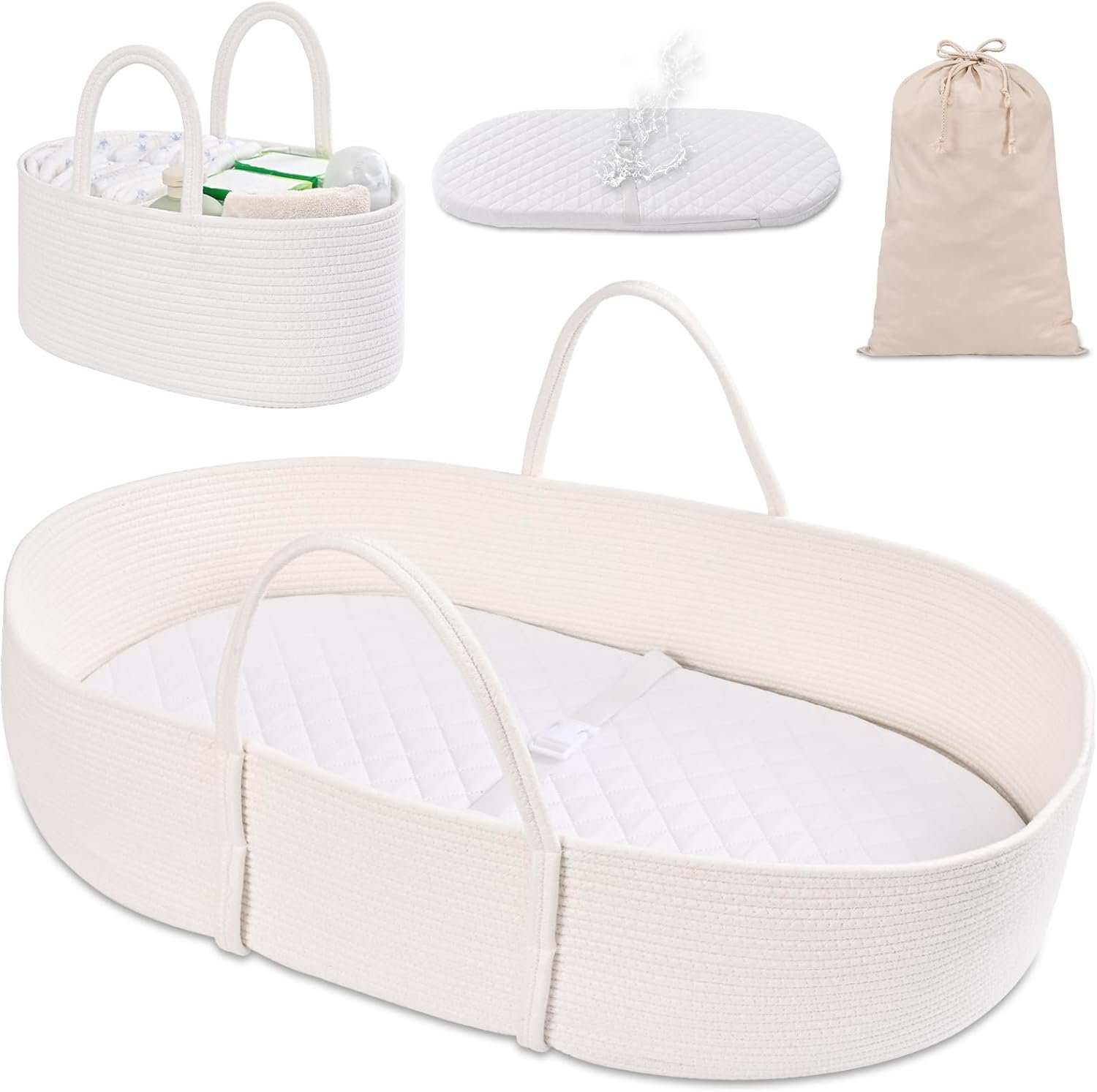 Changing Baskets Set,Moses Basket with Pad and Diaper Caddy,Set of 2 Baskets,Portable Cotton Rope Woven Basket,Replaceable Pad,Gifts for Newborn 28.7" x 15.7" x 7.8"(White) - Image 3