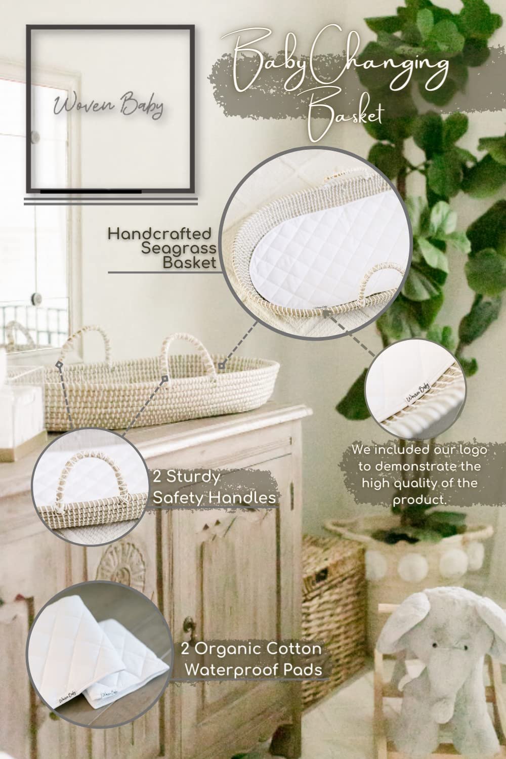 Baby Changing Basket - Handmade Moses Basket Changing Basket for Baby Table Topper - 2 Organic Cotton Washable Diaper Changing Pads CPSC Compliant - Image 3