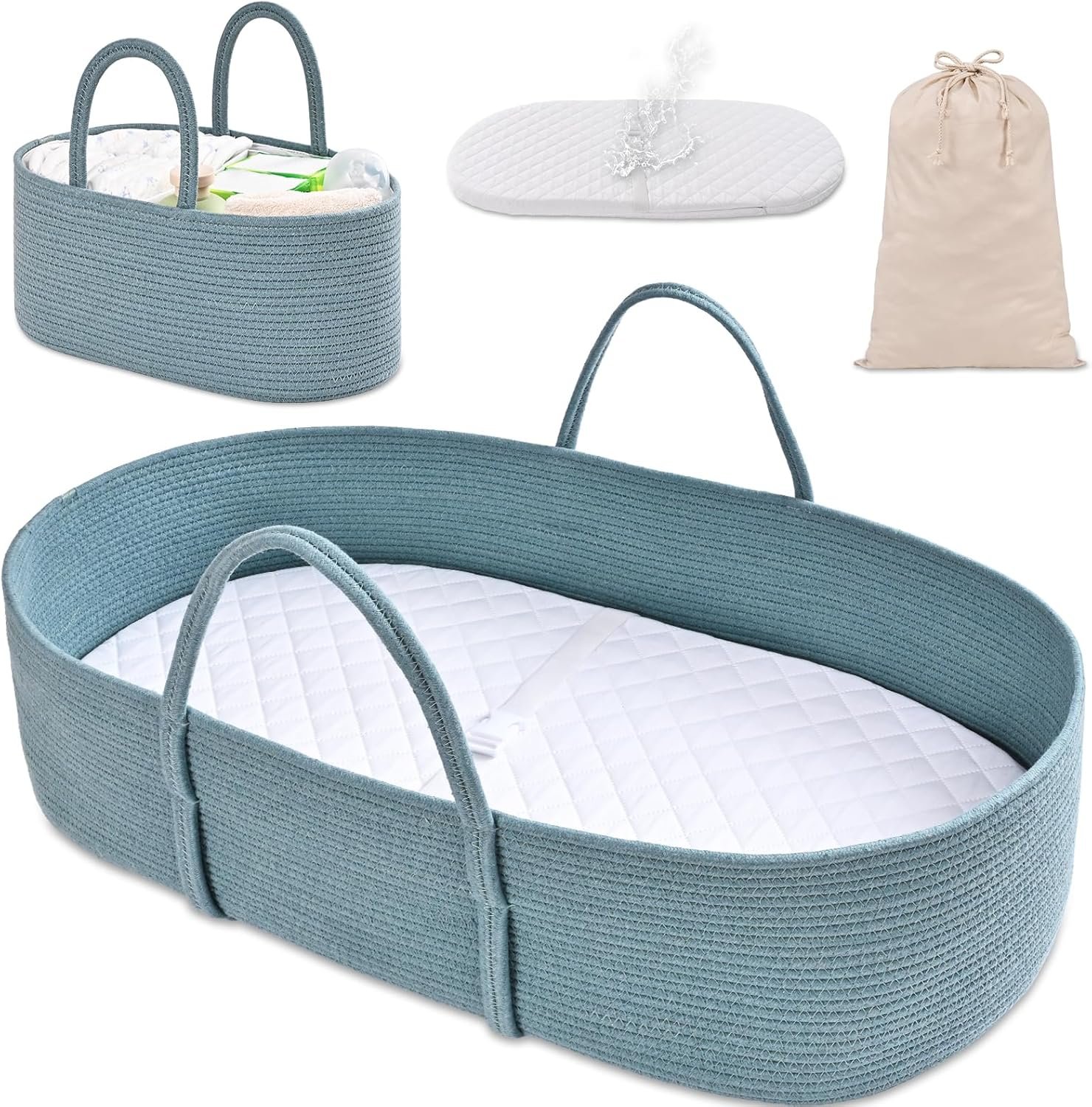 Changing Baskets Set,Moses Basket with Pad and Diaper Caddy,Set of 2 Baskets,Portable Cotton Rope Woven Basket,Replaceable Pad,Gifts for Newborn 28.7" x 15.7" x 7.8"(Blue) - Image 3