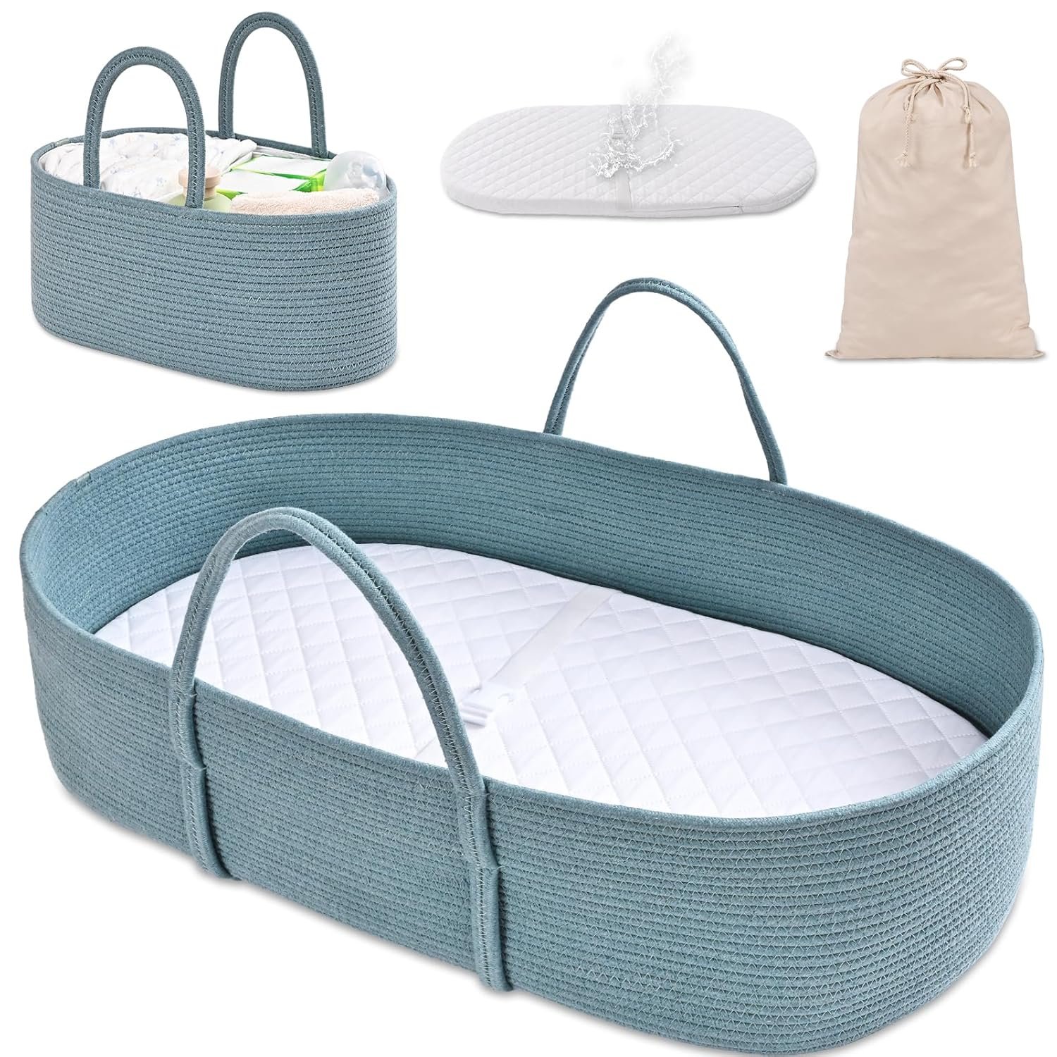Changing Baskets Set,Moses Basket with Pad and Diaper Caddy,Set of 2 Baskets,Portable Cotton Rope Woven Basket,Replaceable Pad,Gifts for Newborn 28.7" x 15.7" x 7.8"(Blue) - Image 2