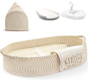 Baby Changing Basket - Soft & Waterproof Dual-Cover, Portable, Moses Basket, Changing Pad for Dresser & Changing Table, Gift for Baby Shower, Organic Cotton Rope